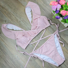 Load image into Gallery viewer, Girlish Pink Striped Bikini Set
