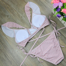 Load image into Gallery viewer, Girlish Pink Striped Bikini Set
